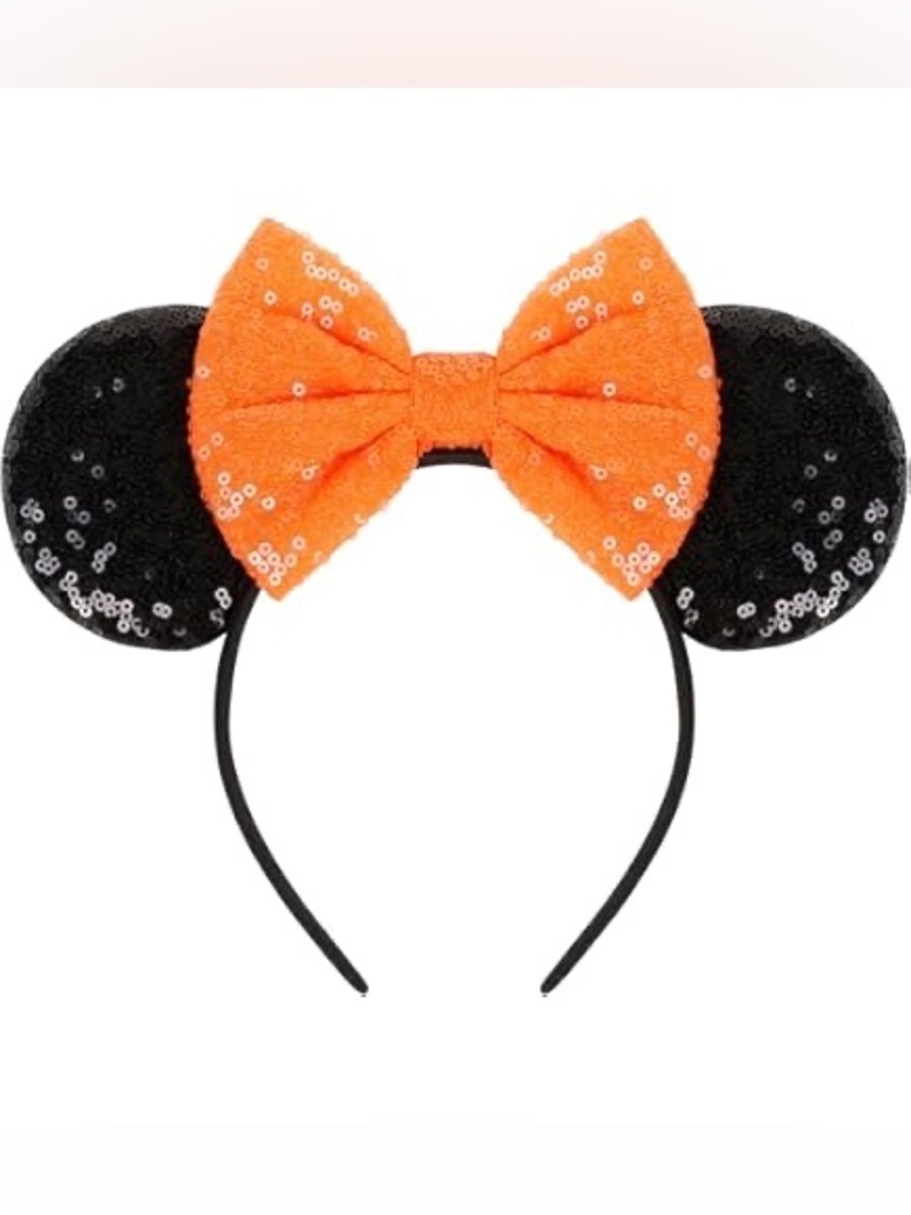 BRAND NEW Black Sequin Mouse Ear Headband with Orange Bow - Halloween